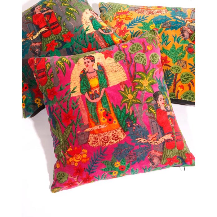 Linen Connections Frida Kahlo Velvet Cushion Cover Frida’s Garden Cushion Handmade Mexico Muertes Decorative Cushion 100% cotton velvet CC198