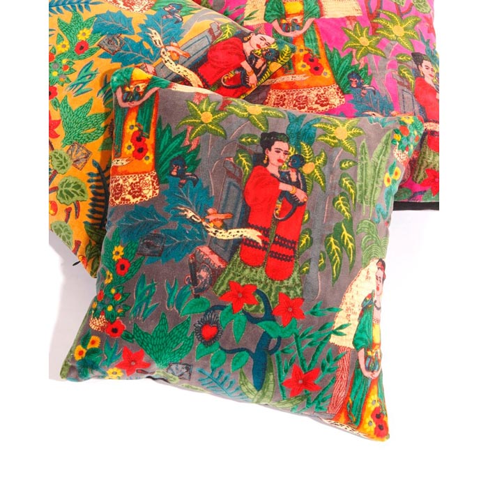 Linen Connections Frida Kahlo Velvet Cushion Cover Frida’s Garden Cushion Handmade Mexico Muertes Decorative Cushion 100% cotton velvet CC199