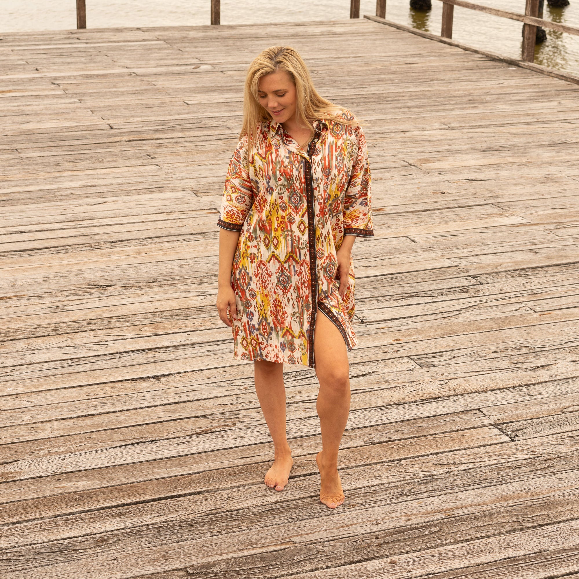 Wanderlust Ikat handcrafted cotton shirt dress in warm earth tones