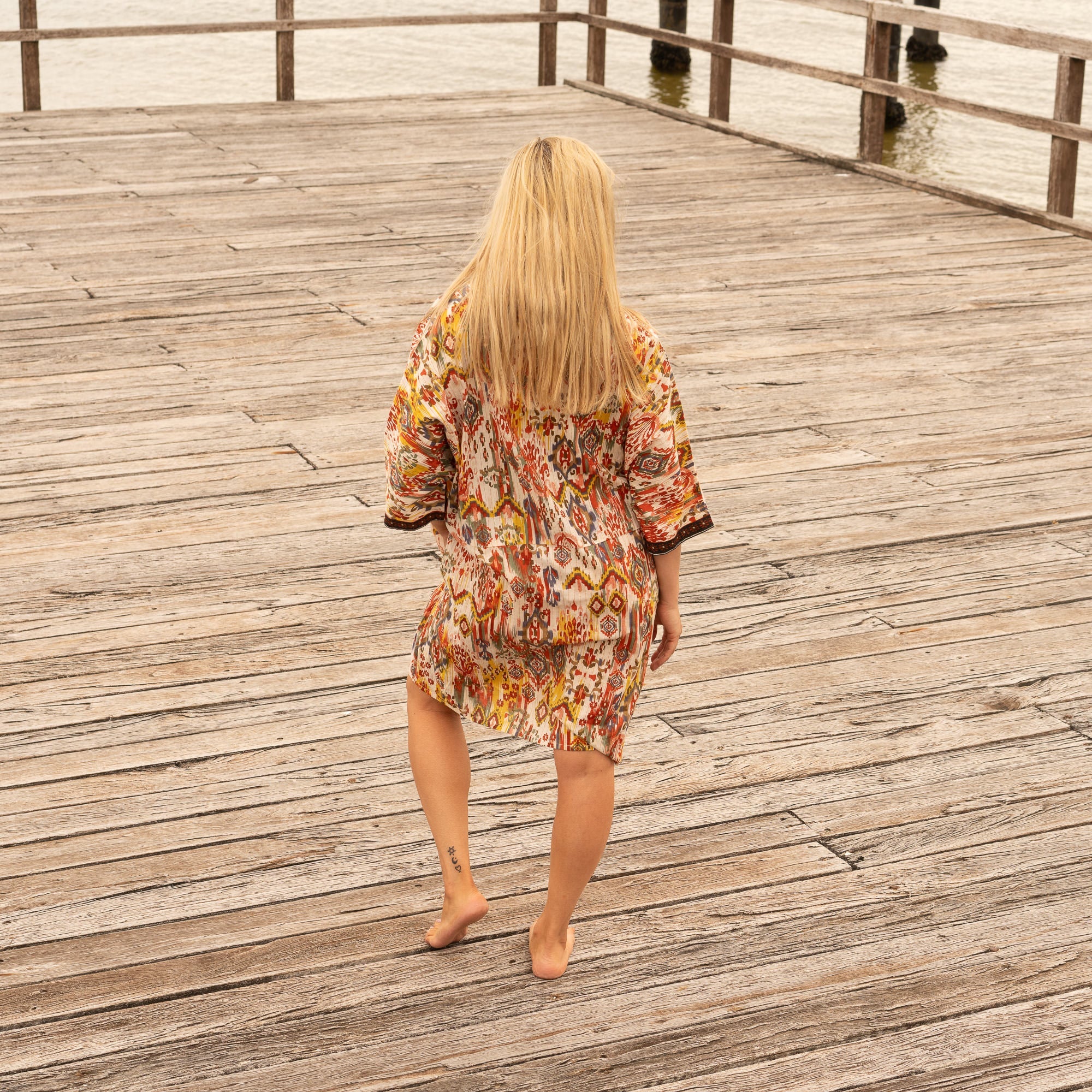 Warm tone Ikat cotton dress with relaxed shirt dress silhouette