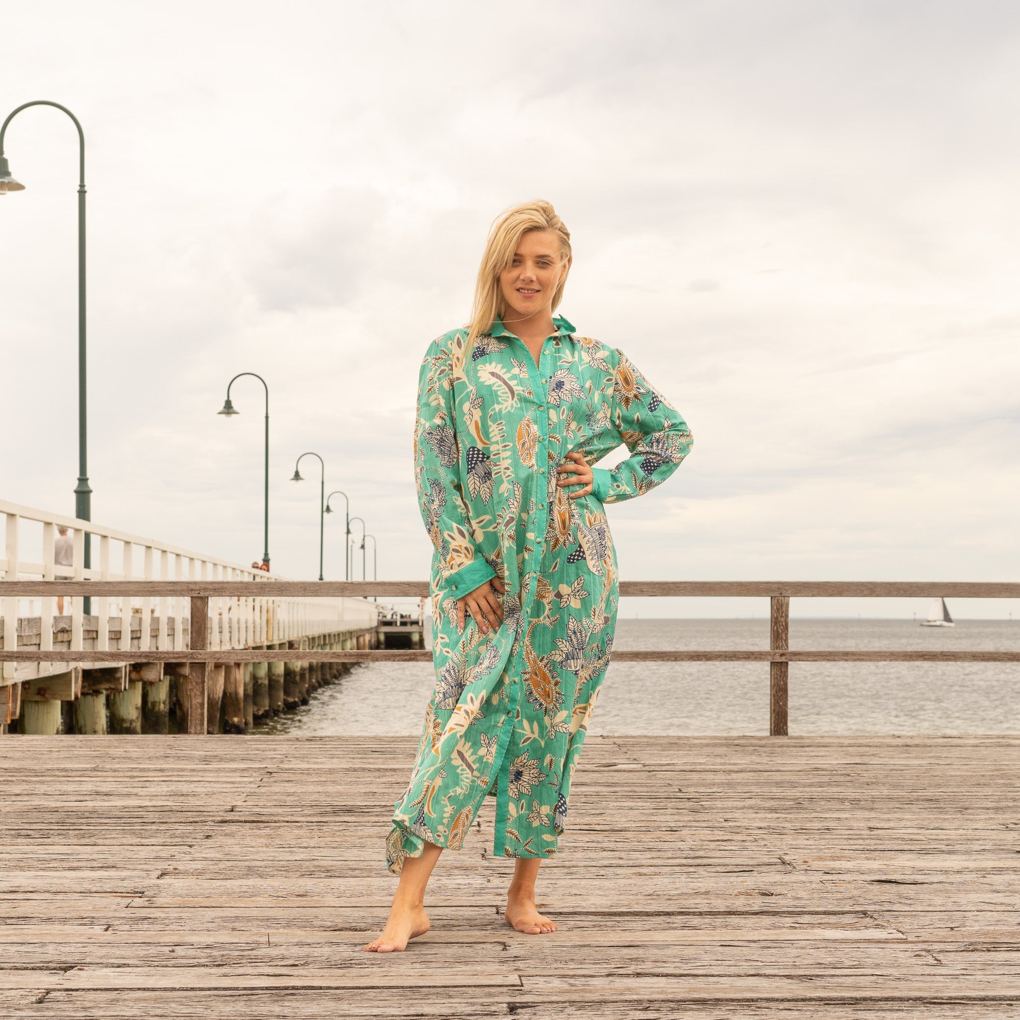 Tropical Escape emerald green botanical cotton maxi shirt dress