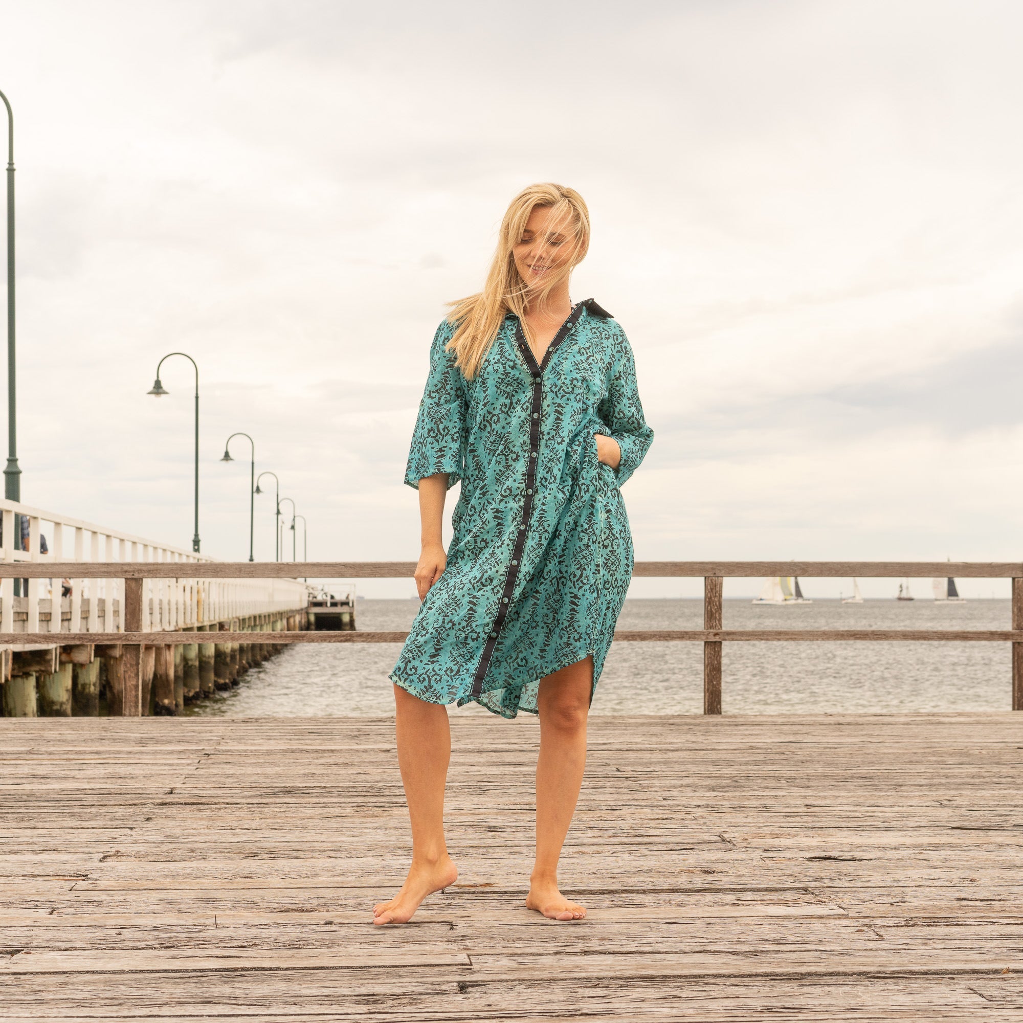Women’s teal handmade shirt dress for casual and holiday wear