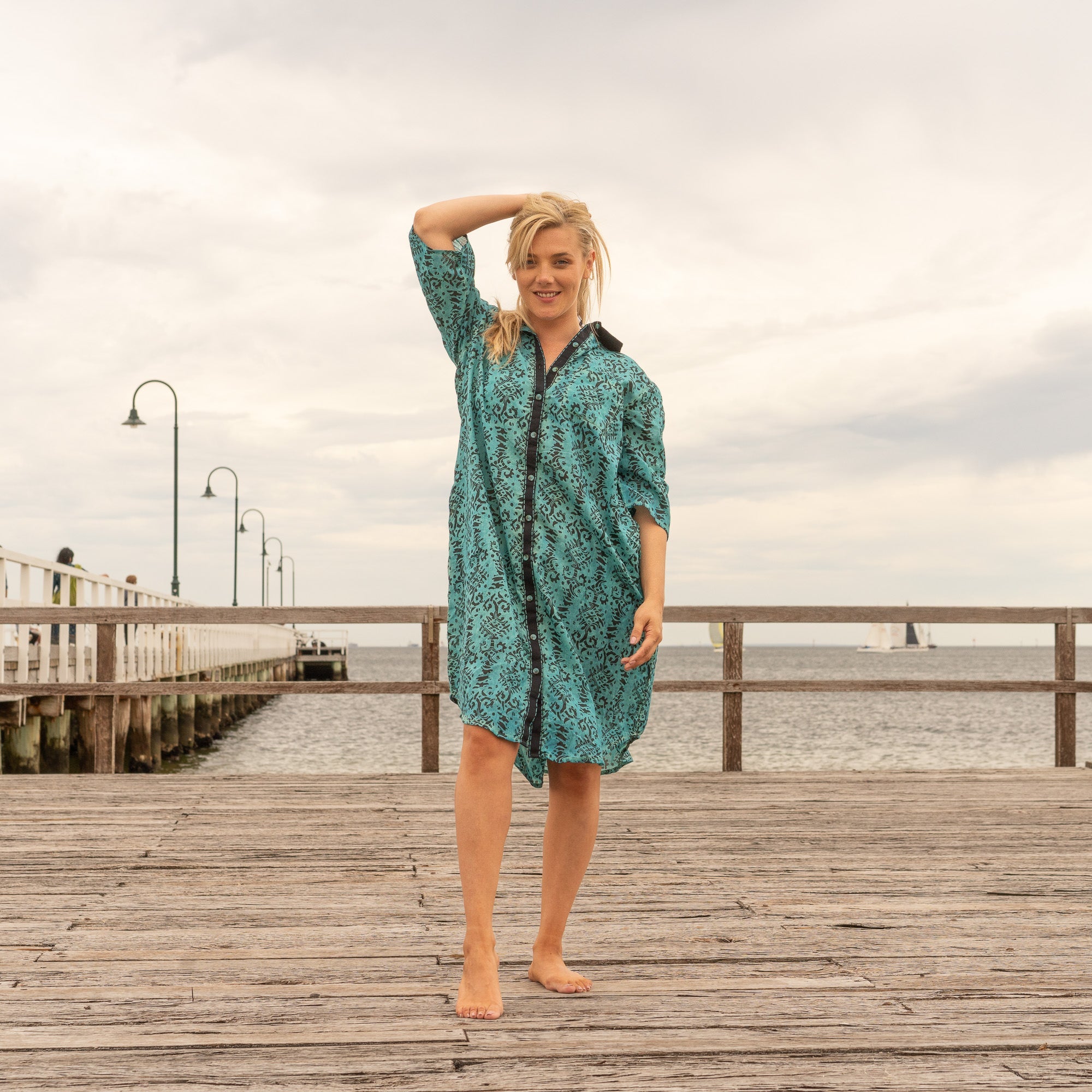 Teal Mirage handmade one size shirt dress with relaxed fit