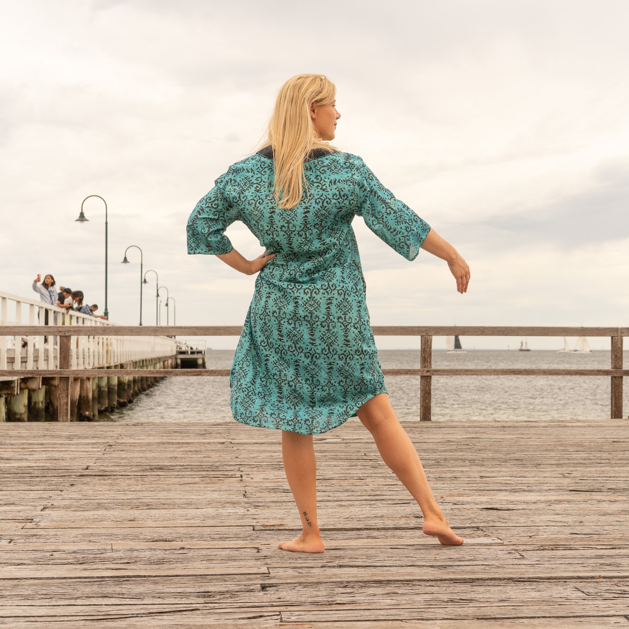 Handmade teal dress with relaxed shirt style for everyday wear