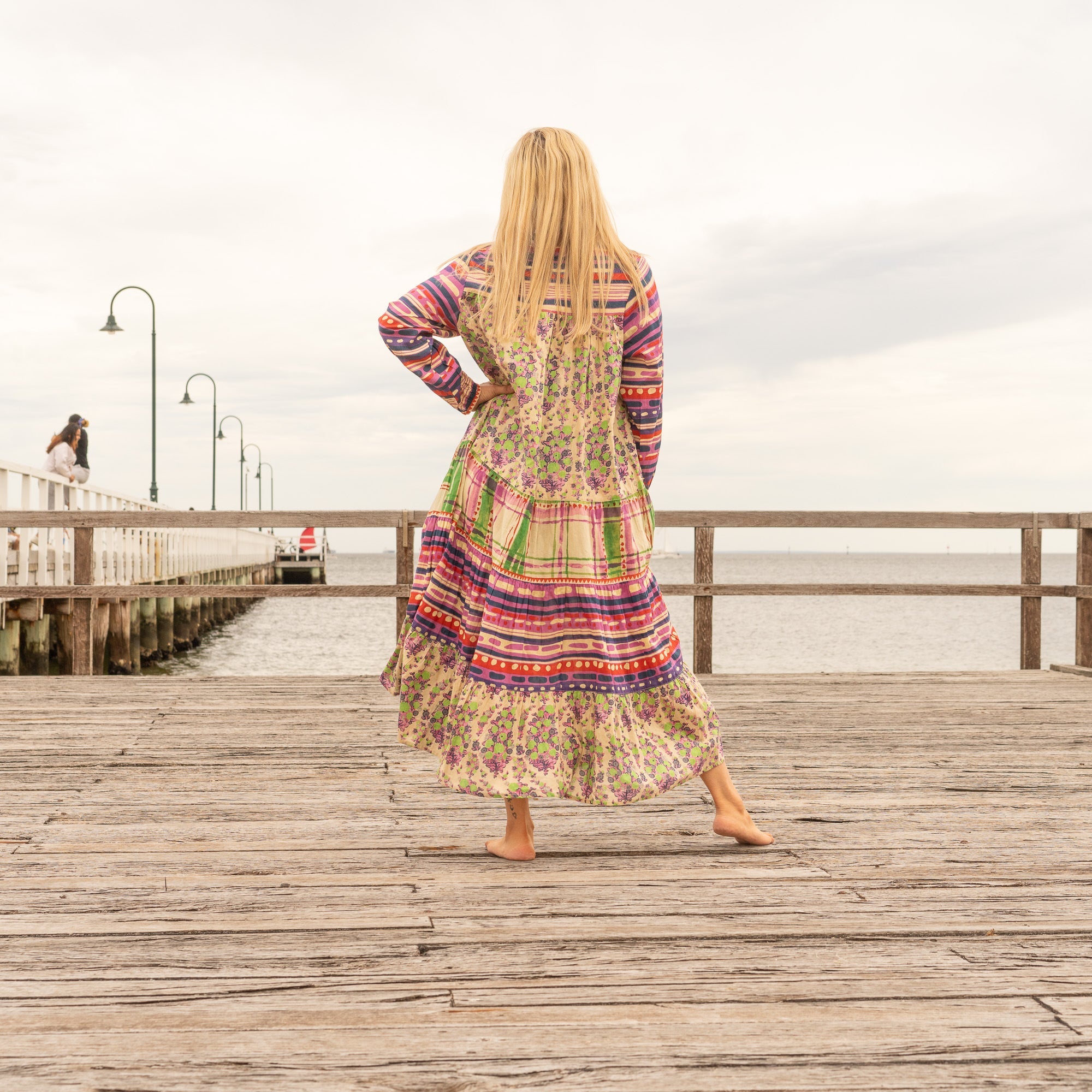 Purple pink and green patchwork maxi dress for bohemian summer styling