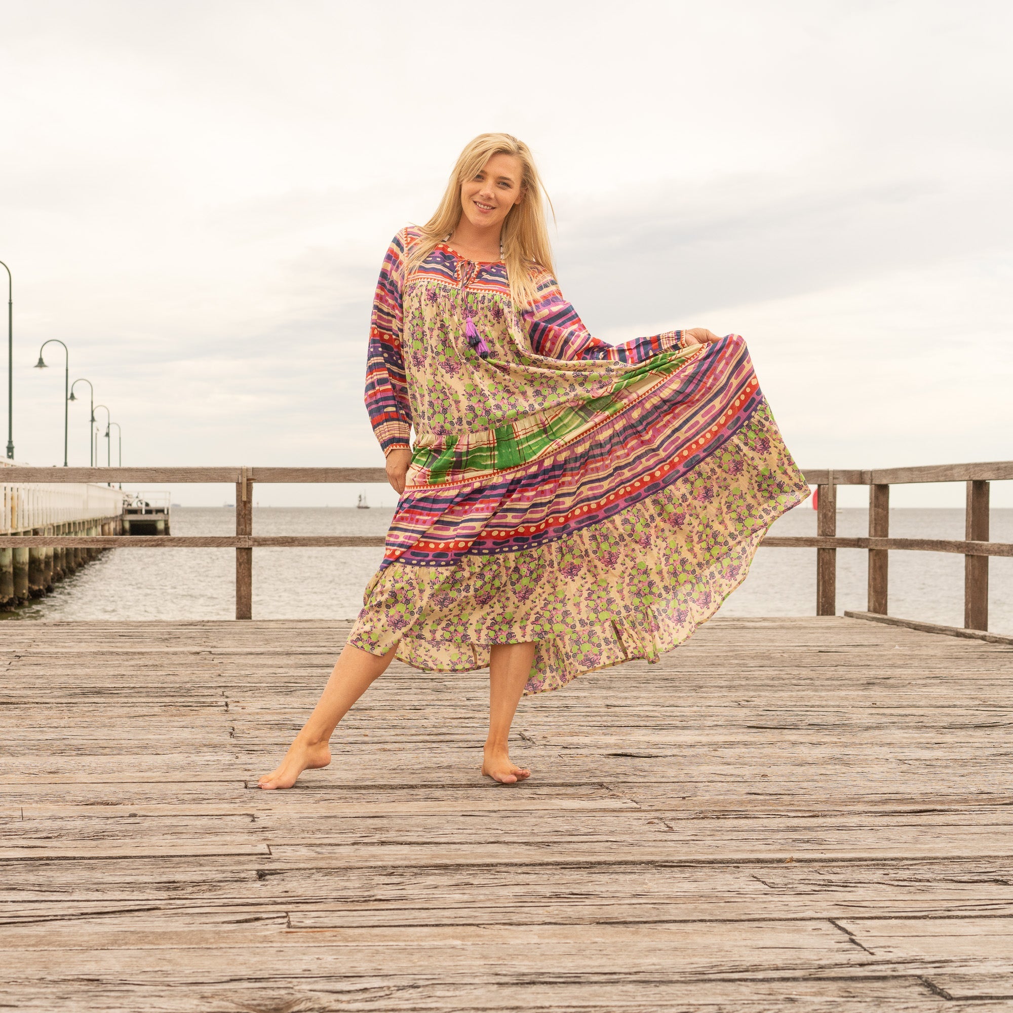 Handcrafted floral boho maxi dress for holidays resort wear and casual outings