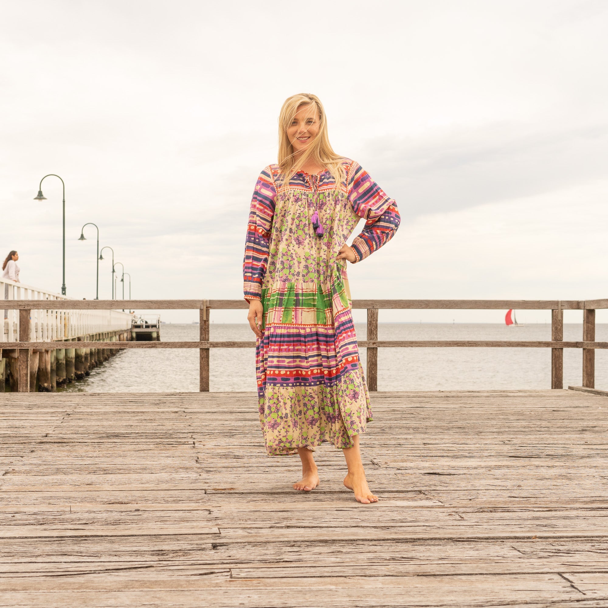 Boho Luxe handcrafted floral patchwork maxi dress in purple pink and green