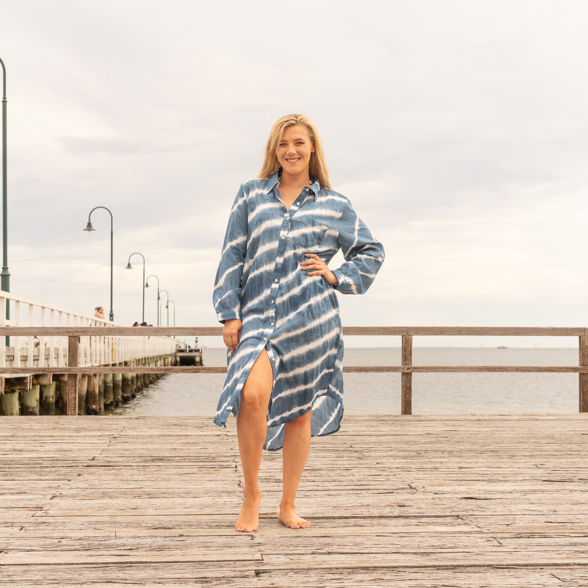 Ocean Drift hand dyed indigo blue cotton maxi shirt dress