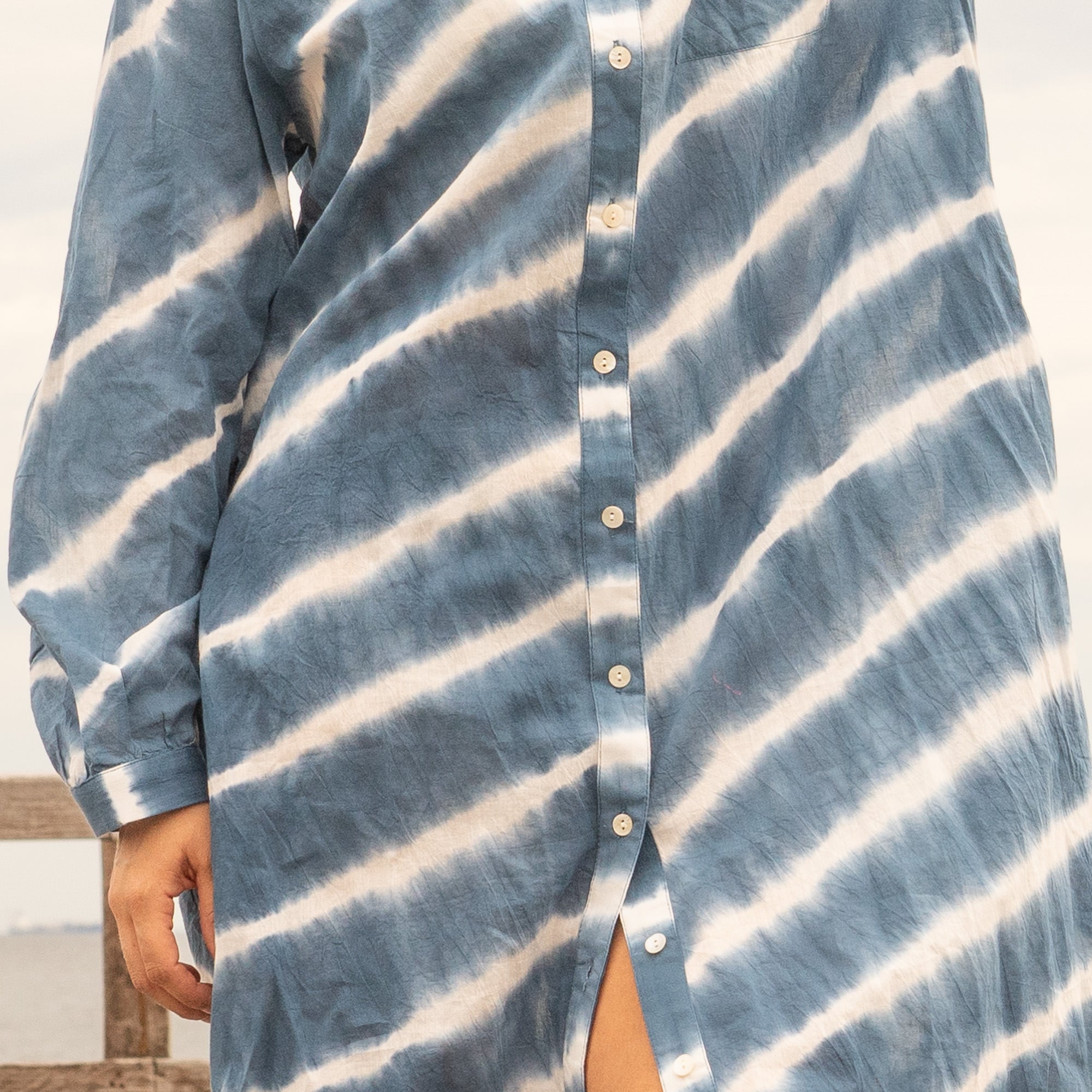 Hand dyed blue cotton shirt dress for casual and holiday wear