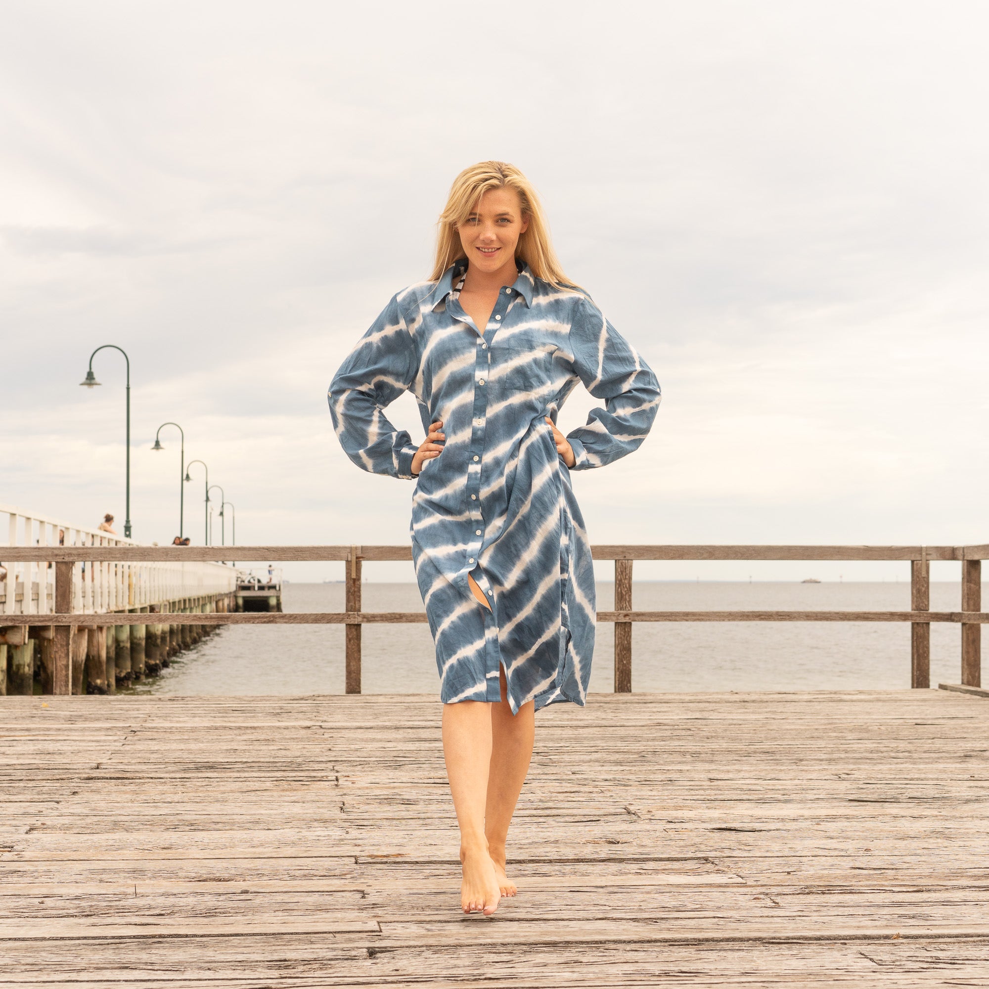 Ocean Drift cotton maxi dress with artisan hand dyed indigo finish