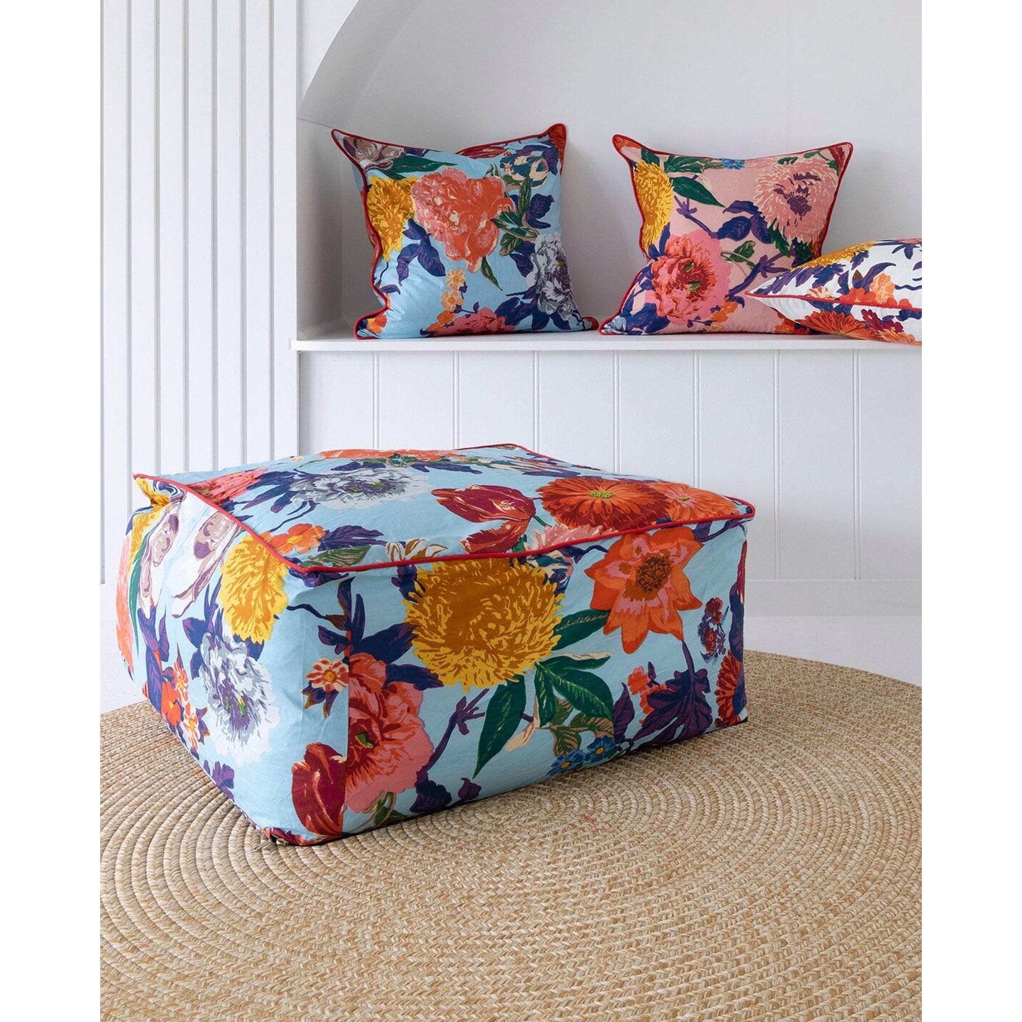 Frida Ottoman Cover Beanbag, Jungle Plants Mexican Painter Art Garden Country Mexico Muertes Ottoman -Turquoise Anthro