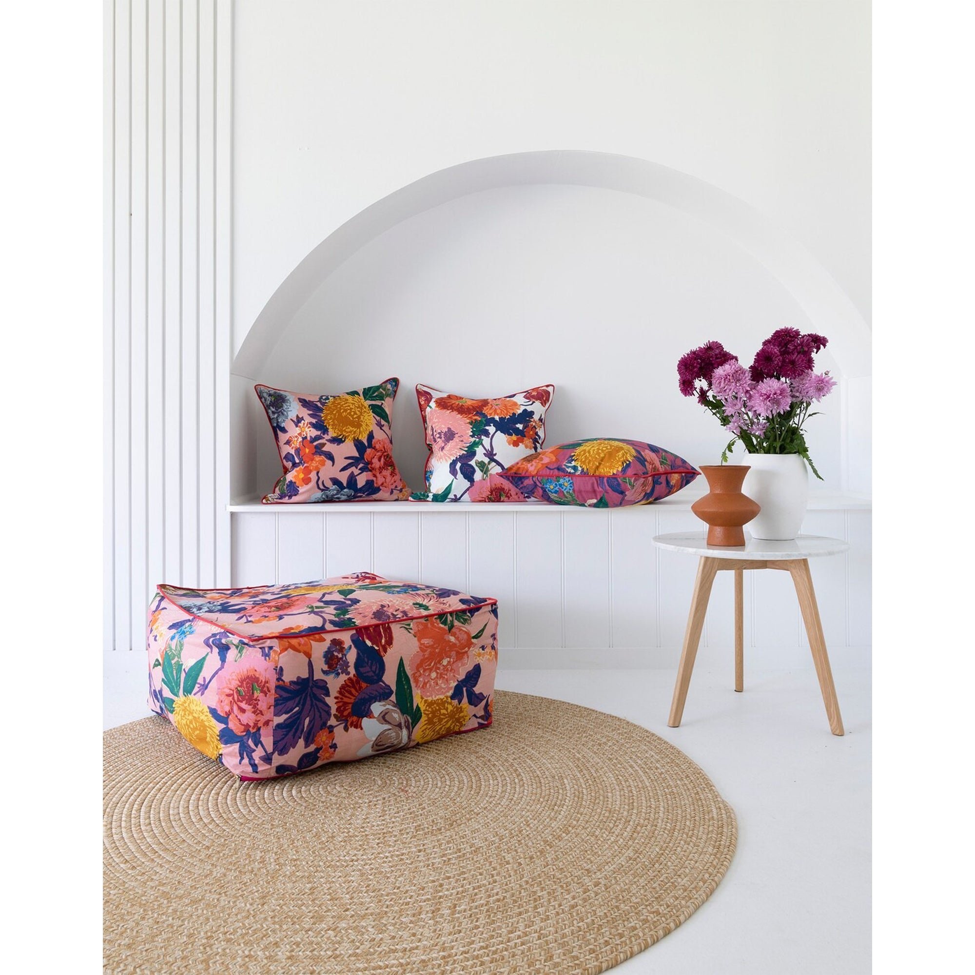 Frida Ottoman Cover Beanbag, Jungle Plants Mexican Painter Art Garden Country Mexico Muertes Ottoman -Pink Anthro