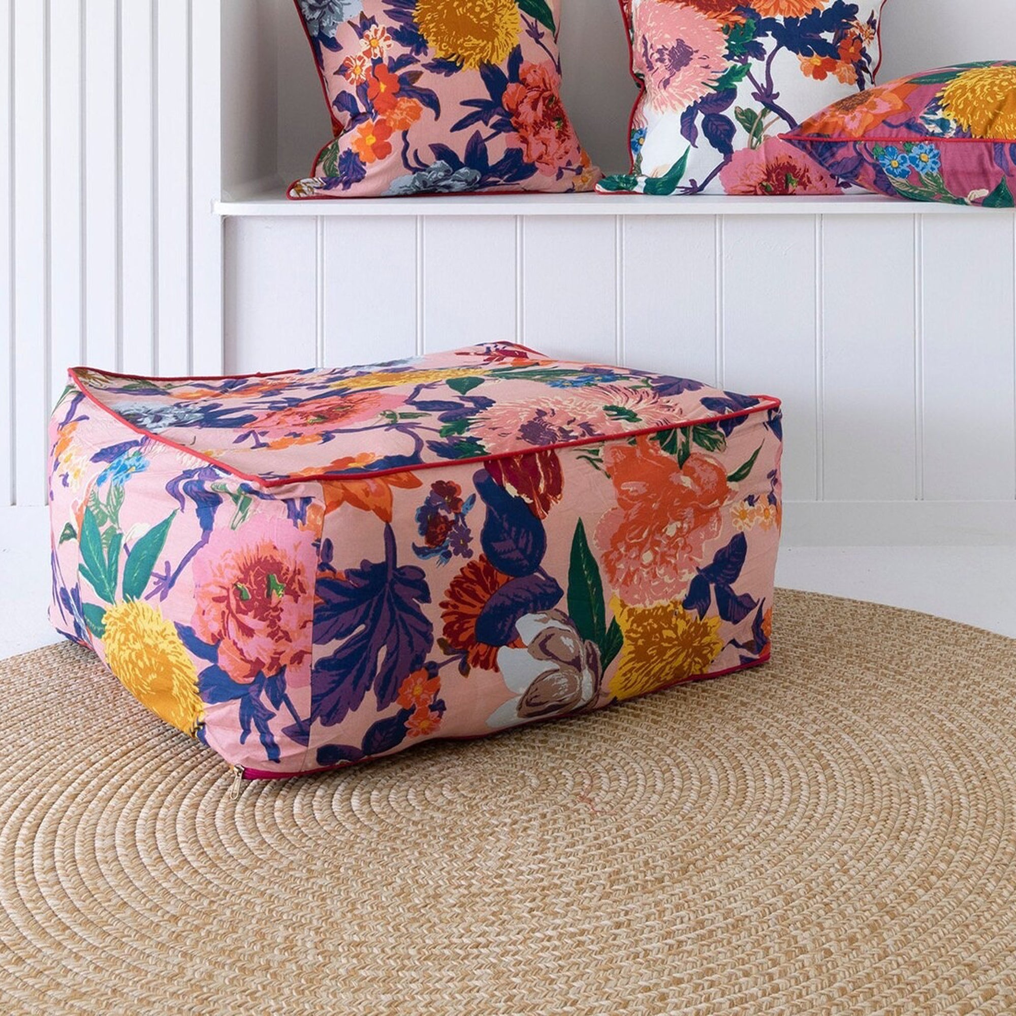 Frida Ottoman Cover Beanbag, Jungle Plants Mexican Painter Art Garden Country Mexico Muertes Ottoman -Pink Anthro