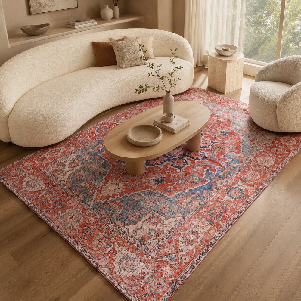Distressed Persian Area Rug | Vintage Boho Medallion Carpet