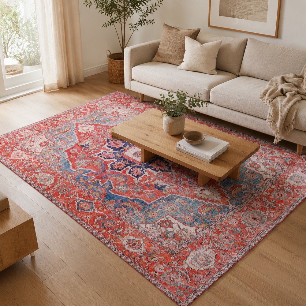 Distressed Persian Area Rug | Vintage Boho Medallion Carpet