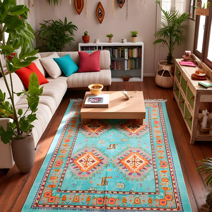 Boho Rug | Bohemian Turquoise Tribal | Handwoven Cotton Accent