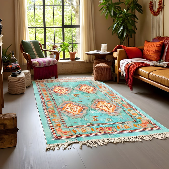 Boho Rug | Bohemian Turquoise Tribal | Handwoven Cotton Accent