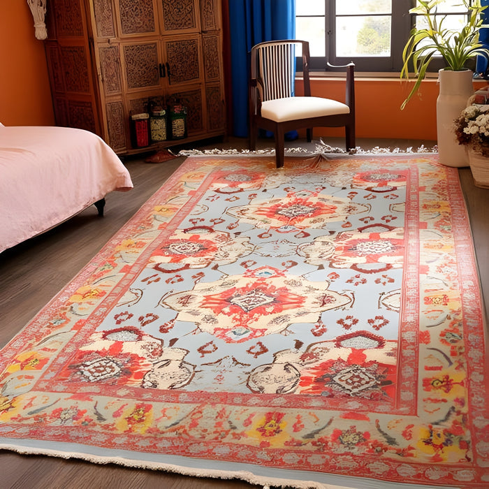 Boho Rug | Vintage Pastel Medallion | Soft Blue & Terracotta Flatweave