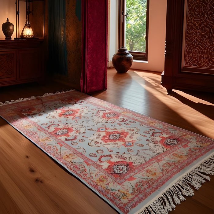 Boho Rug | Vintage Pastel Medallion | Soft Blue & Terracotta Flatweave