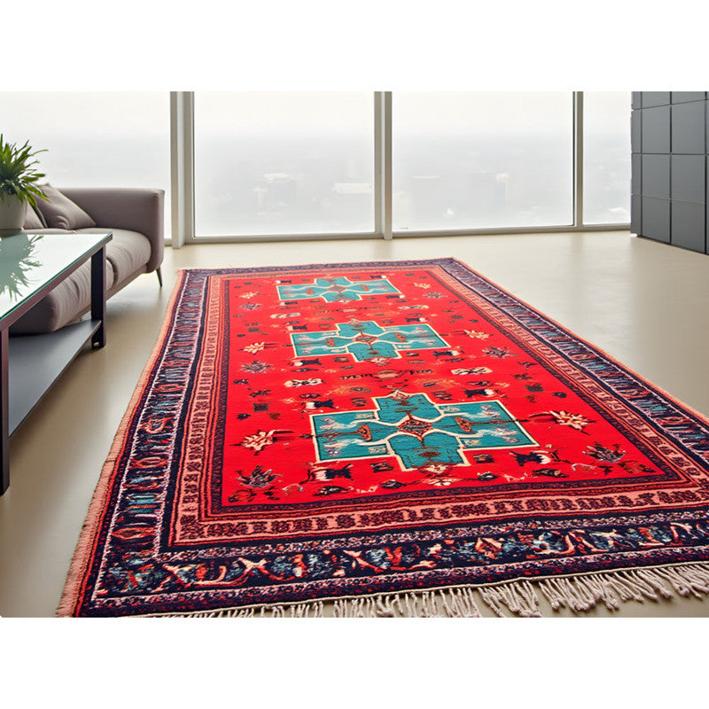 Boho Rug Simple Red Boho Rug | Persian-Style Heritage | Bold Red | Flatweave with Medallio