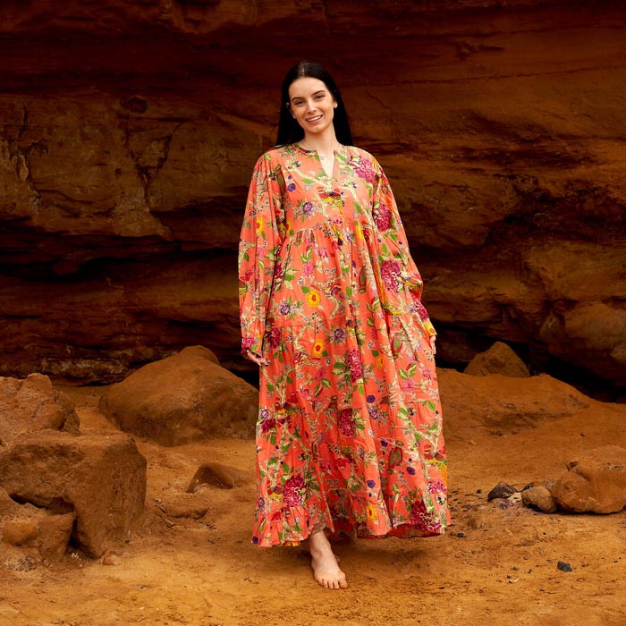 Set of 2 Cotton Maxi Dress Summer Dress Boho dressLong Boho Dress Floral Orange Price includes 2 Sizes S,M,L,XL BD12