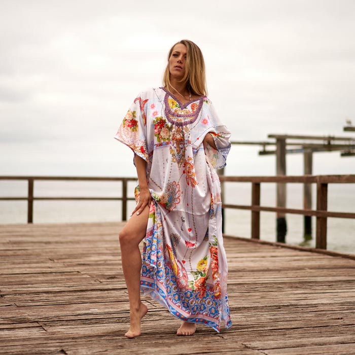 Silk Blend kaftan for women Long Caftan Resort Wear Vacation Beach Dress Boho Silk Dress Kaftan Floral SK07