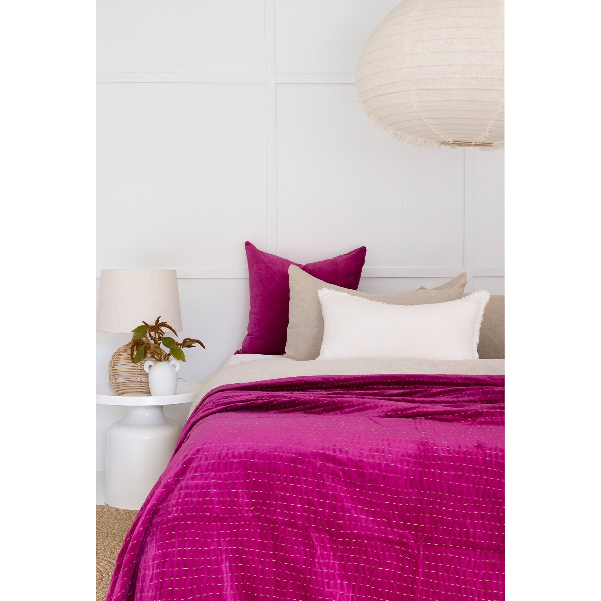 Boho Cotton Velvet Kantha Bedspread Throw Quilt Handmade Gift - PINK