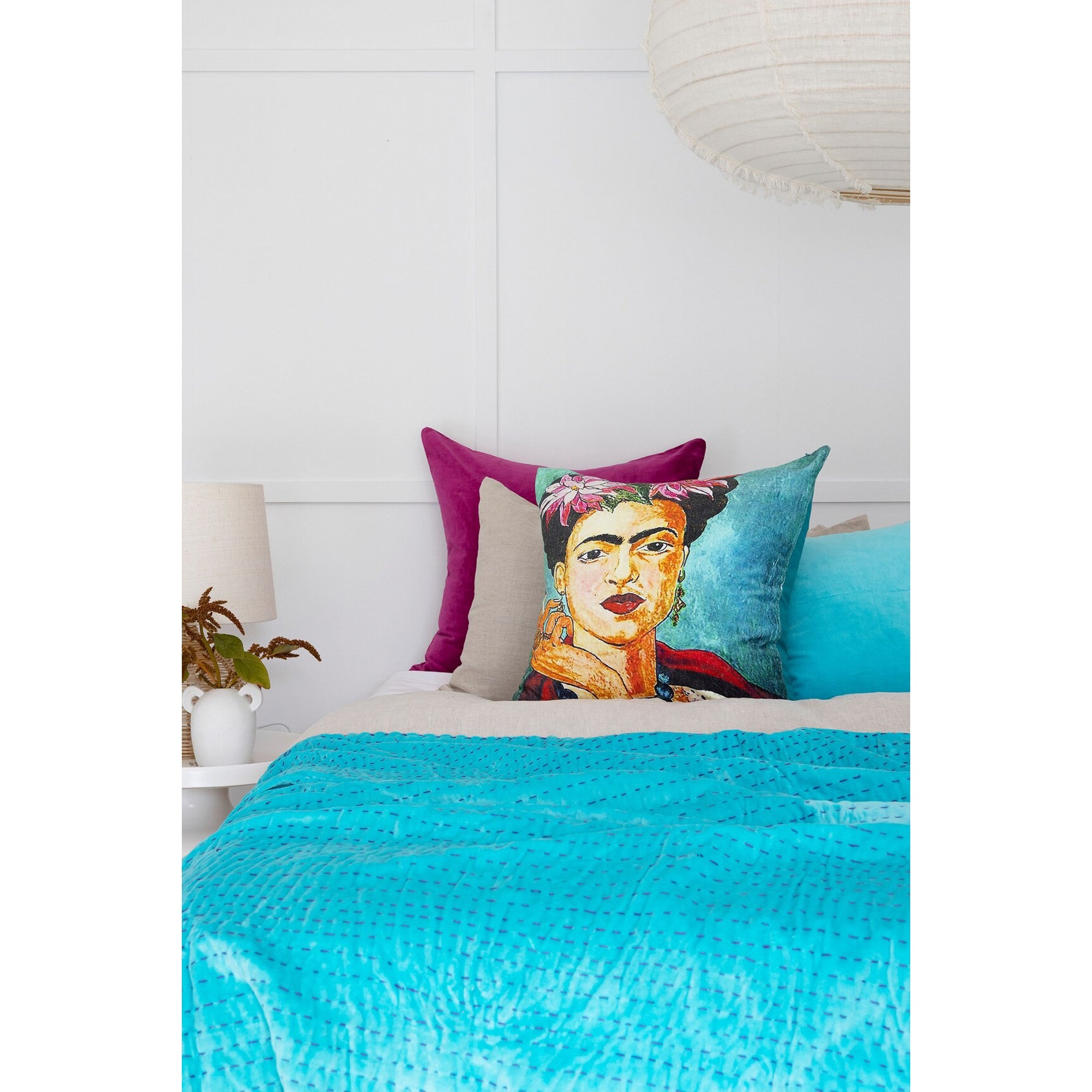 Boho Cotton Velvet Kantha Bedspread Throw Quilt Handmade Gift-TURQUOISE
