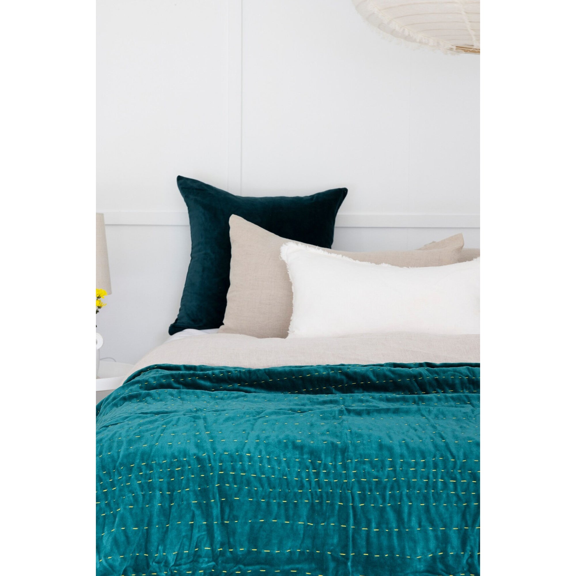 Boho Cotton Velvet Kantha Bedspread Throw Quilt Handmade Gift- DARK GREEN