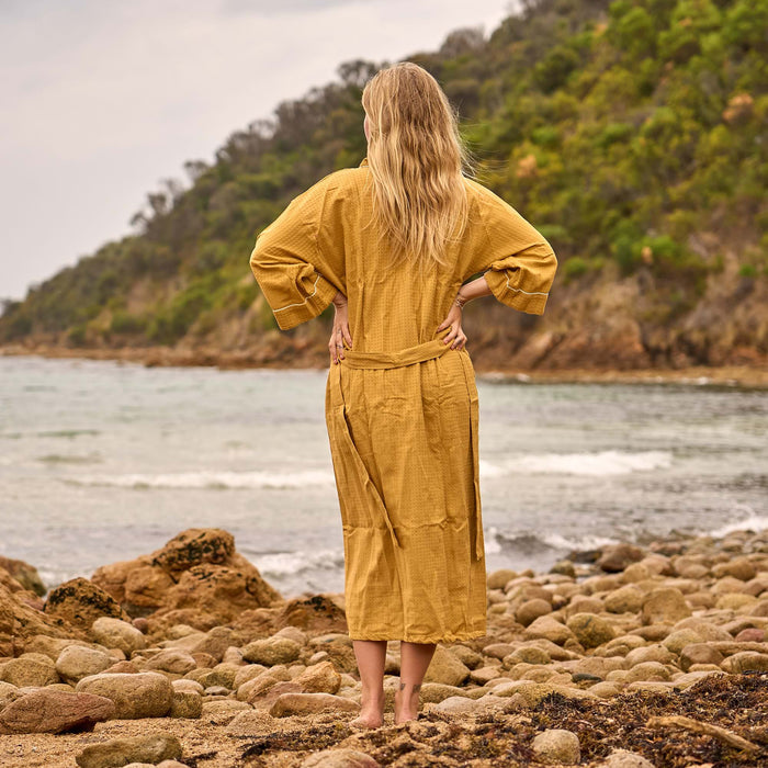 Golden Waffle Cotton Robe – Luxe Lightweight Kimono for Effortless Everyday Comfort