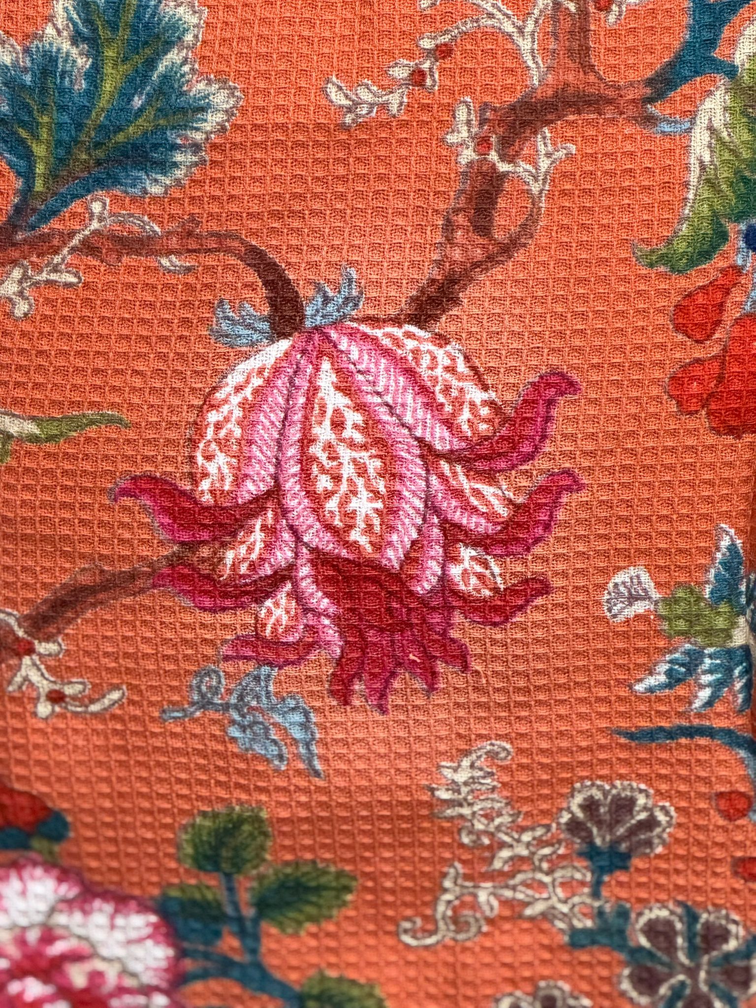 Terracotta waffle cotton robe with artisan floral design