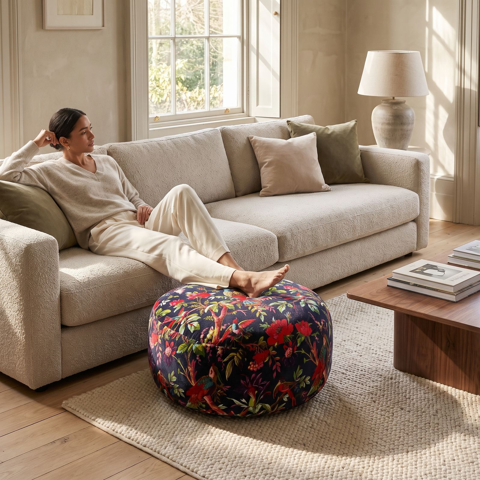 Boho bird floral floor cushion pouf for home decor