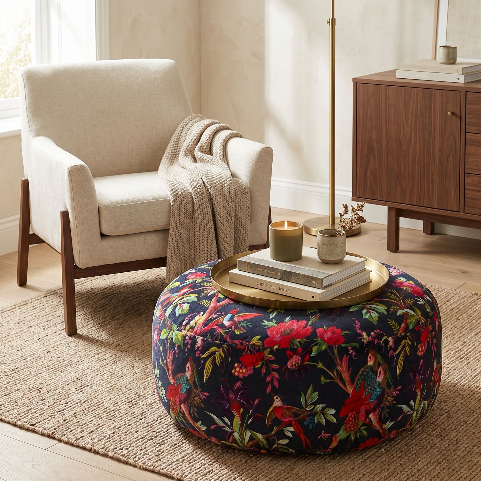 Bohemian floral floor pouf with decorative bird design