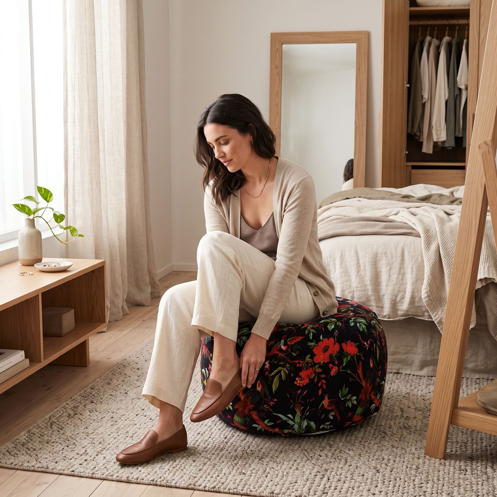 Bird and floral patterned boho floor cushion for seating