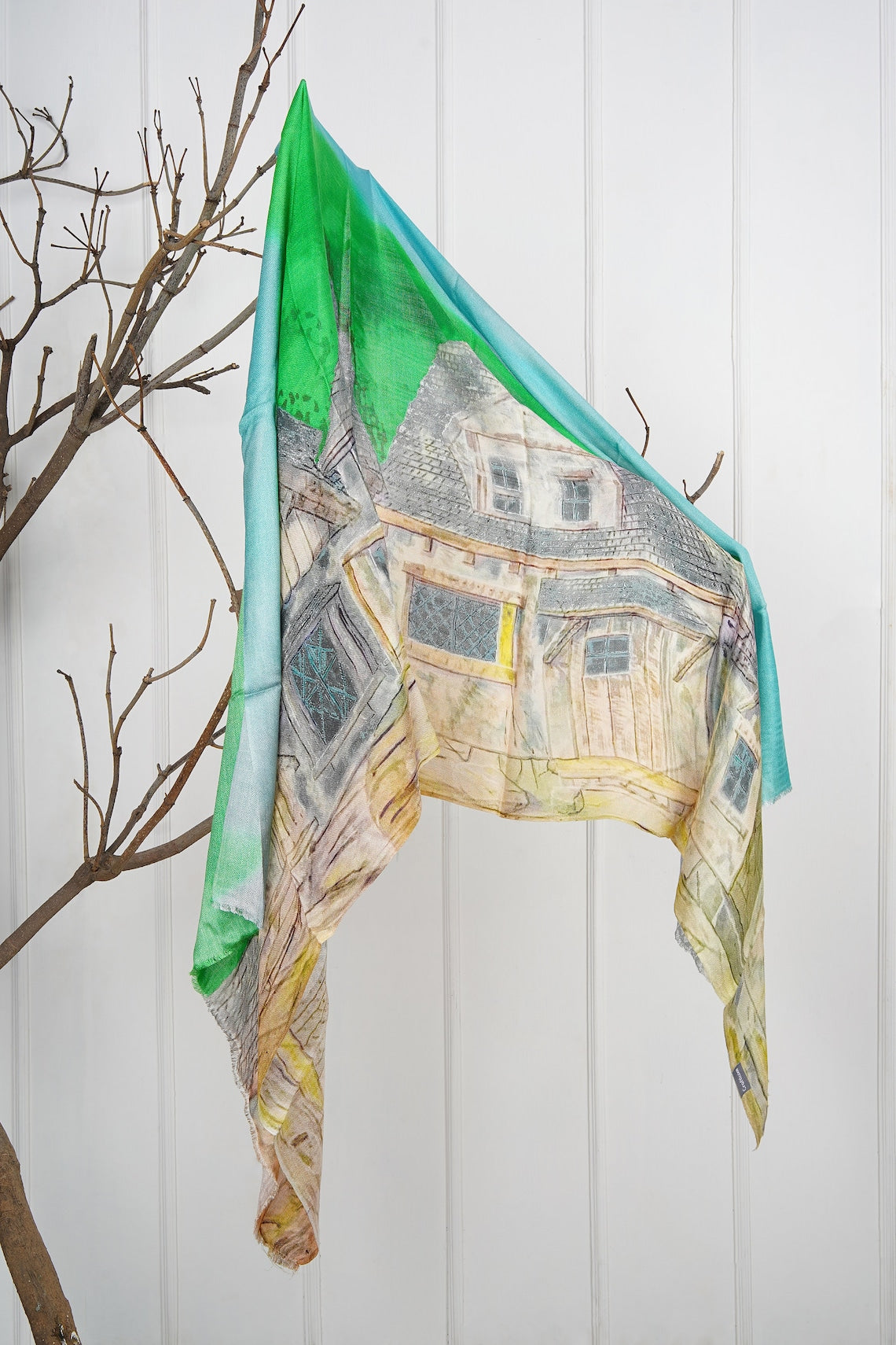 Silk Modal Scarf, long all season scarf in luxurious fabric blend, shawl and wrap, accessories for women, gifts for her, summer scarf, shawl - Green/Cream