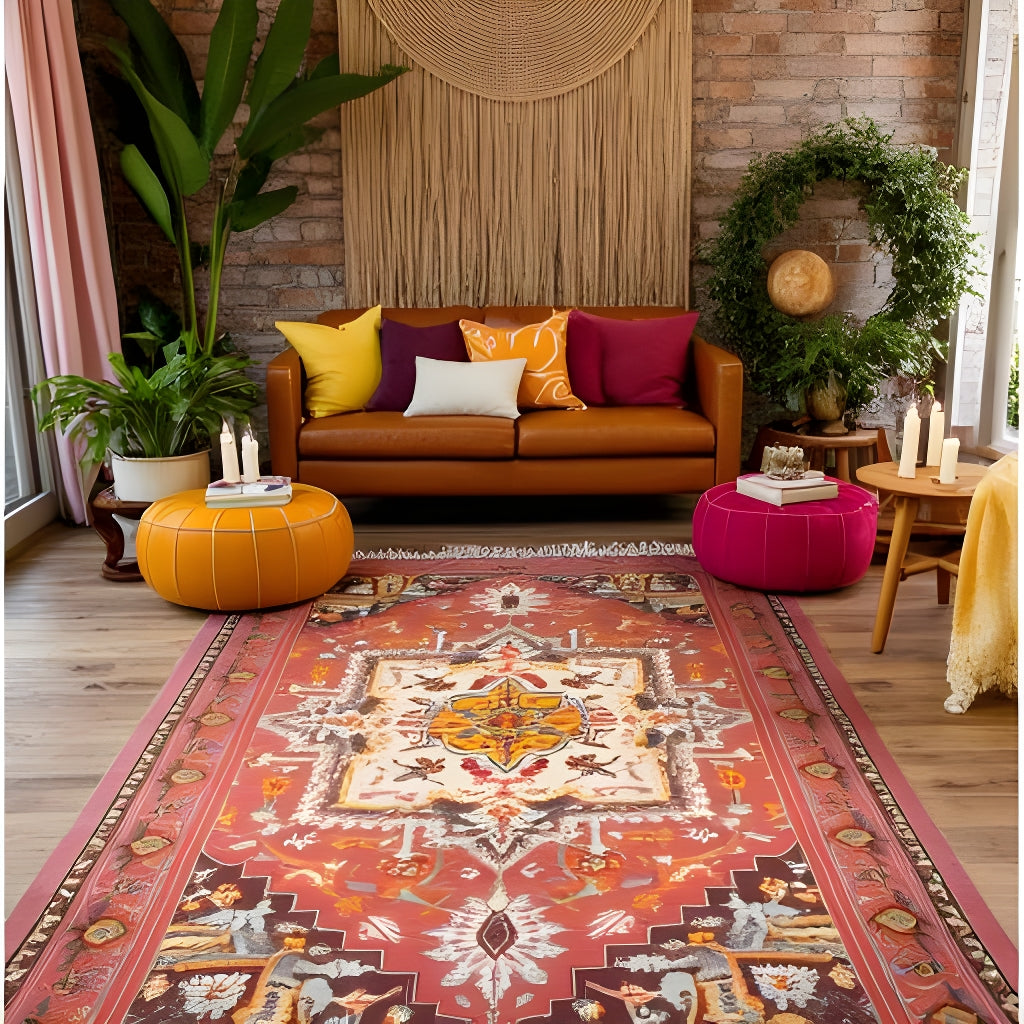 Vintage terracotta cream patterned rug with bohemian medallion design