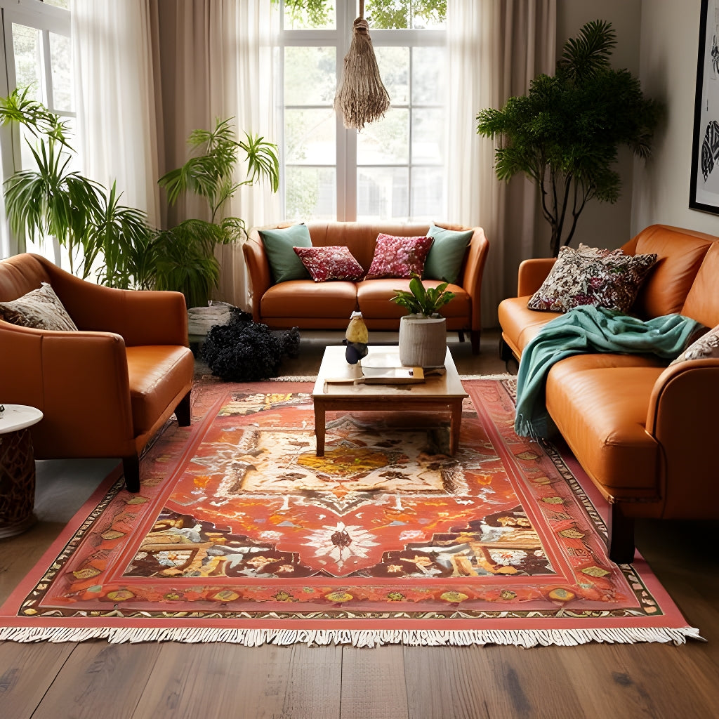 Terracotta and cream boho medallion area rug for home decor