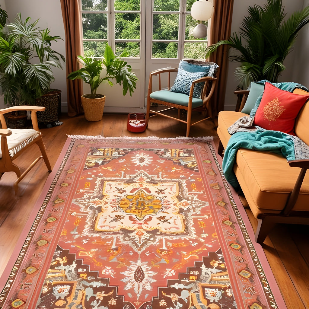 Vintage bohemian medallion rug in terracotta and cream 120x180cm
