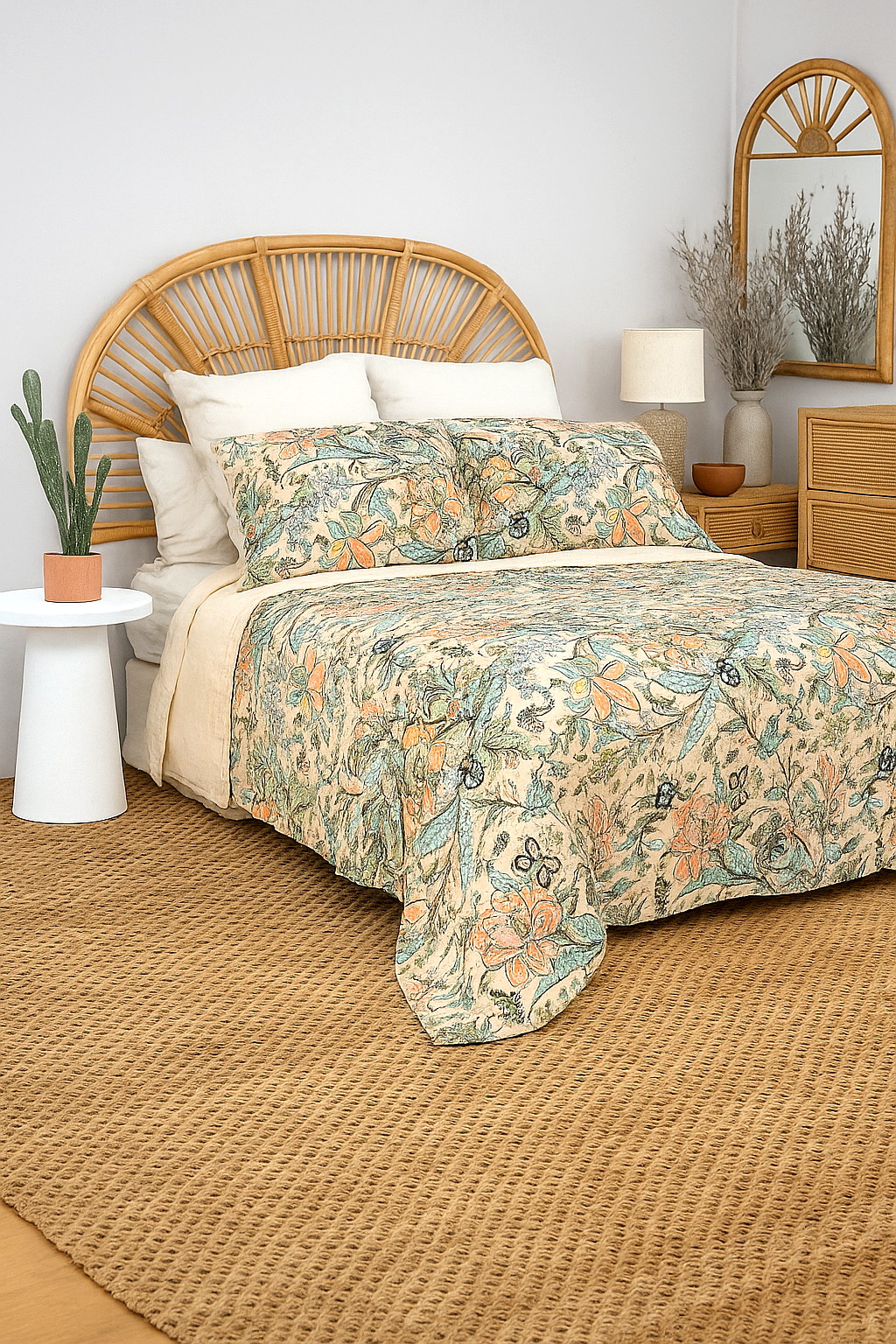 Floral Paradise handcrafted reversible cotton quilt set
