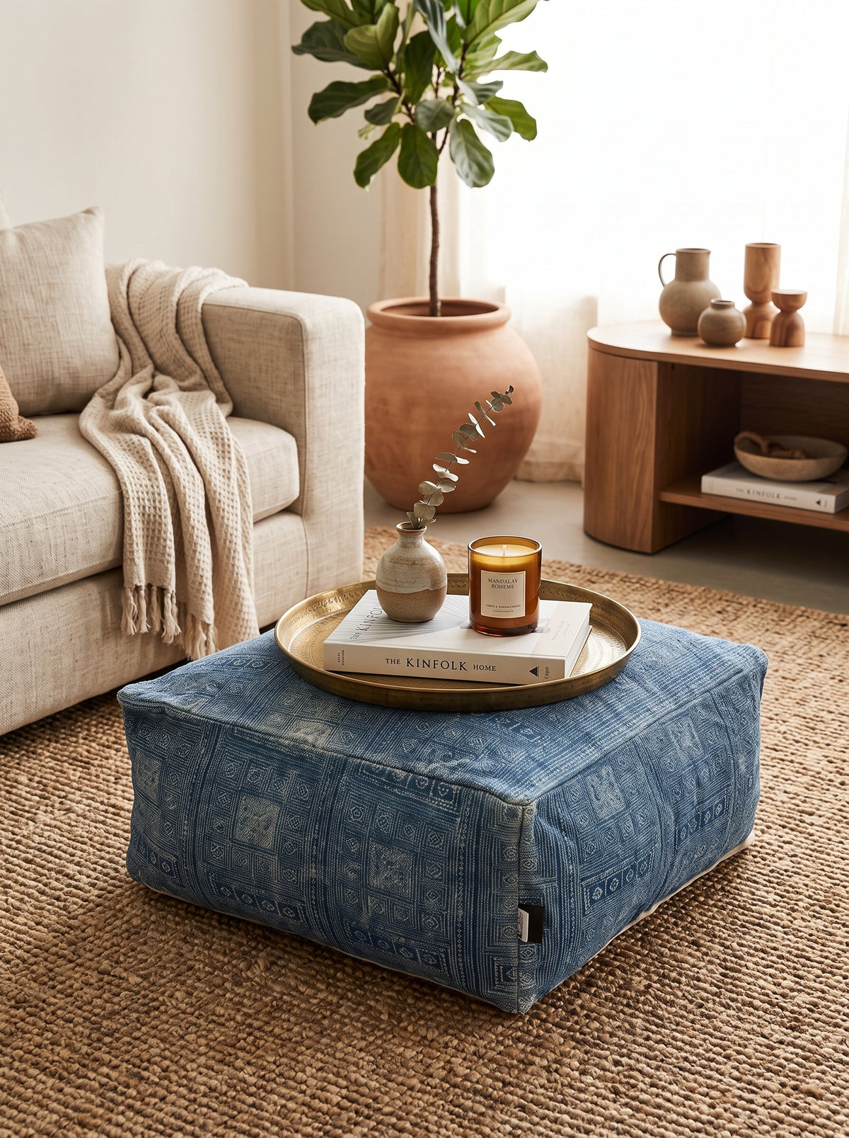 Blue geometric handwoven ottoman pouf cushion for stylish living room floor seating