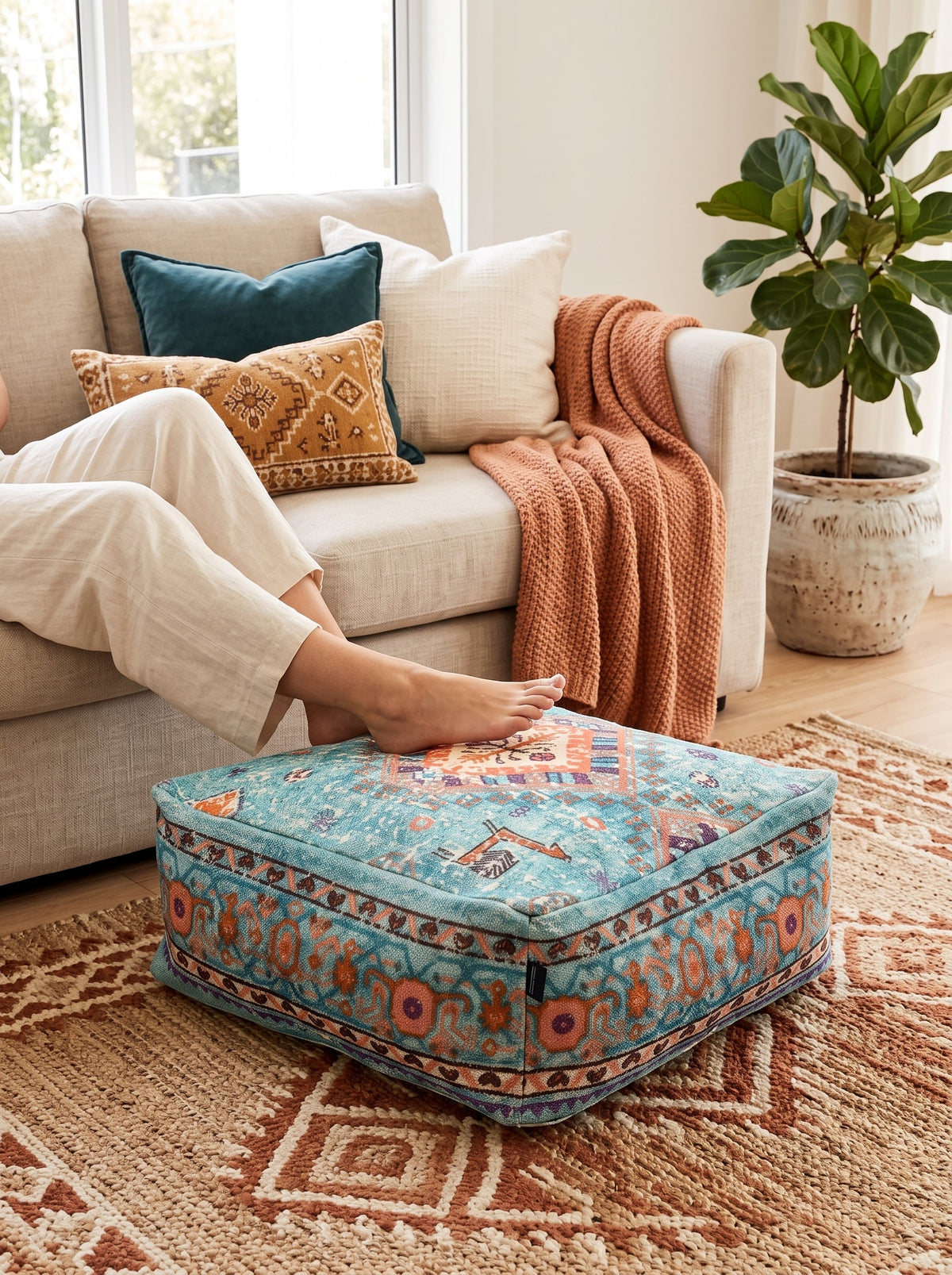 Stylish teal linen floor ottoman with hidden storage and flat top cushion design
