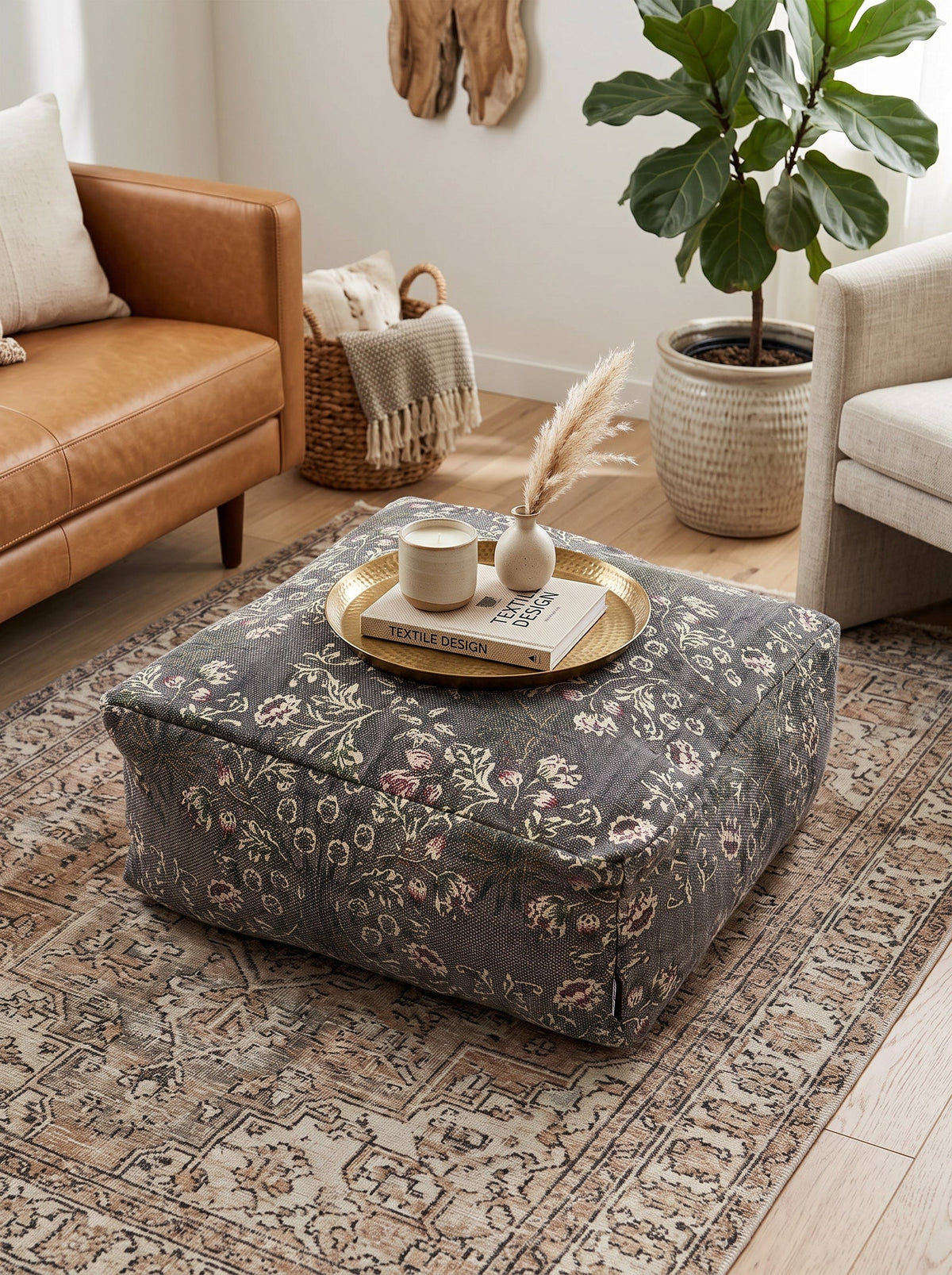 Charcoal floral Moroccan boho ottoman pouf footrest for stylish living room home decor