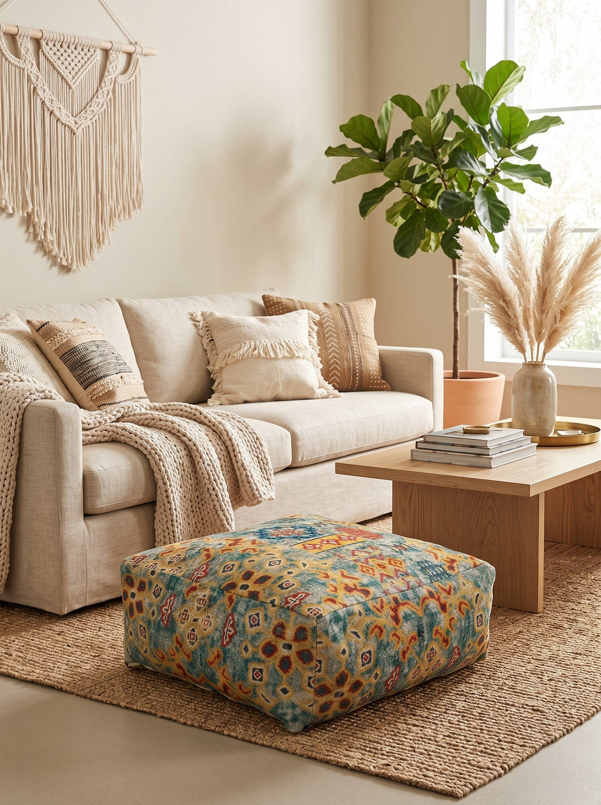 Handwoven multicolor tribal floor ottoman with decorative boho pattern for living room