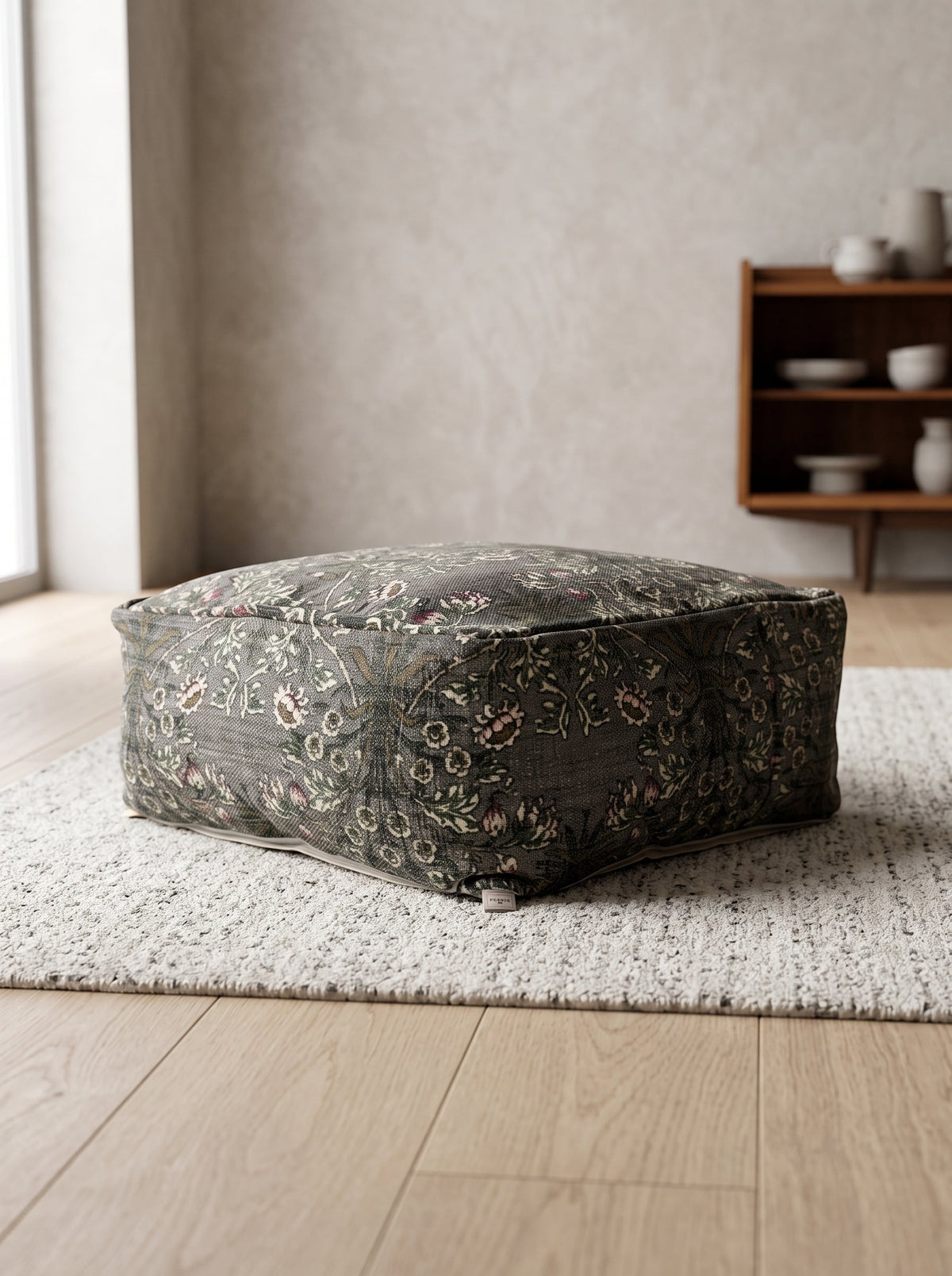 Charcoal floral floor pouf ottoman with Moroccan design for comfortable home seating