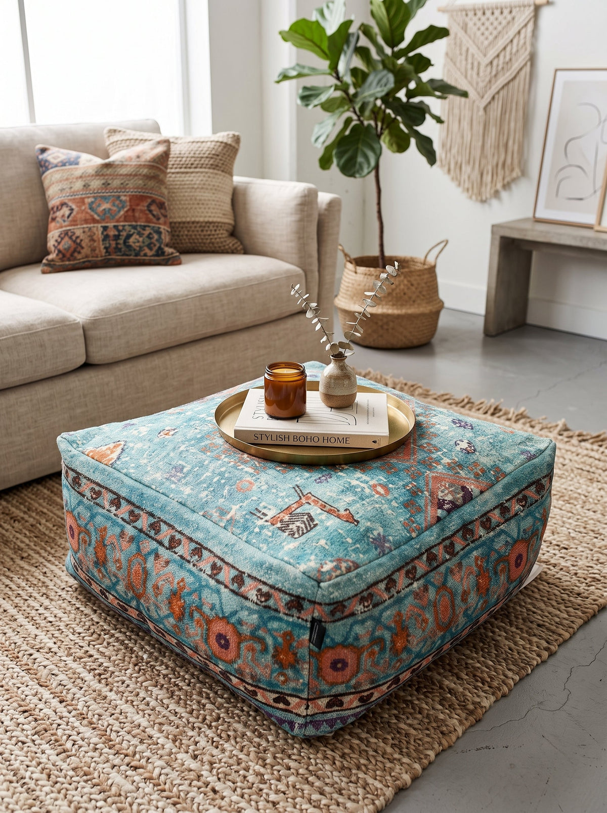 Teal linen storage ottoman pouf with hidden compartment for stylish home organization